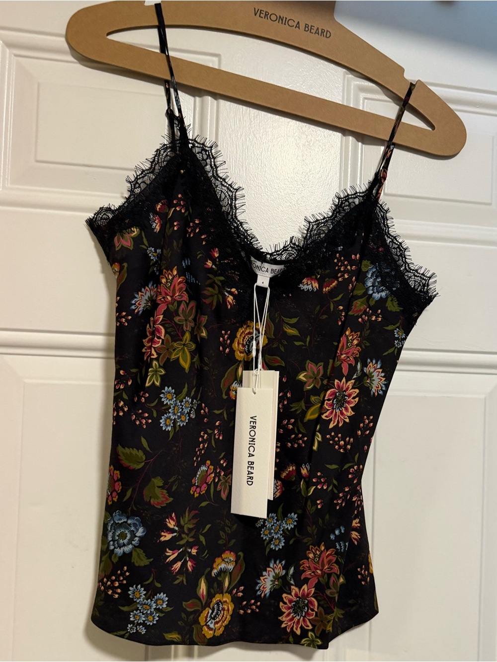 Veronica Beard Black Floral Lace-Trim Camisole with Multicolor Blooms